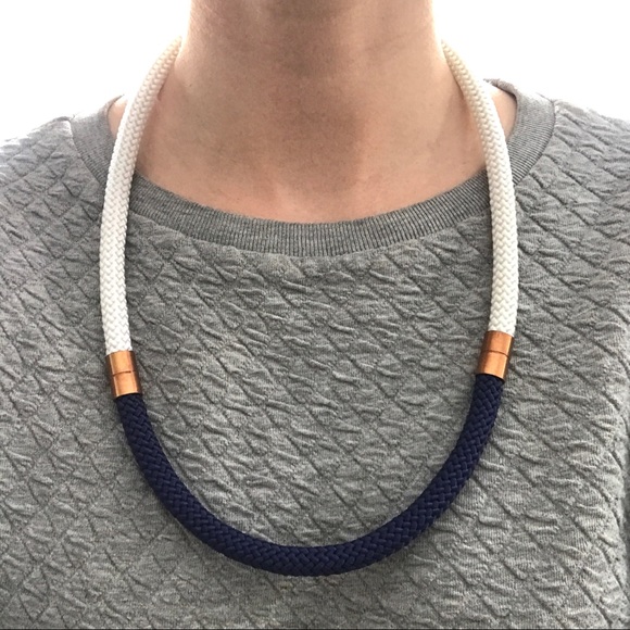 White + gray statement necklace with brass pieces - Picture 4 of 4